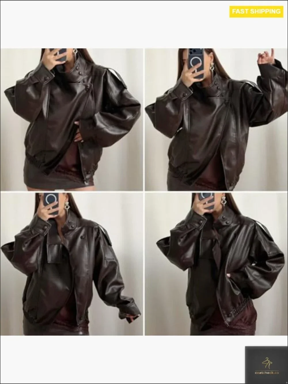 Oversized Faux Leather Jacket Motorcycle Coat Long Sleeve High Collar Zip Up